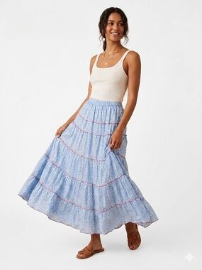 Vintage Floral Tiered Cotton Maxi Skirt Boho Lettuce Edge Prairie Cottage